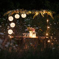 a table with some lights on it in the middle of flowers and plants at night