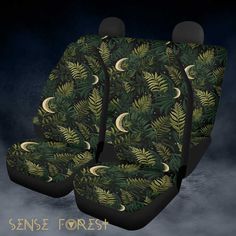 the front and back seat covers are decorated with green leaves, moon and crescents