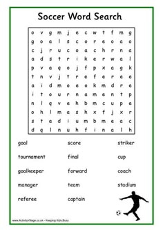 the soccer word search is shown in green and white, with black letters on it