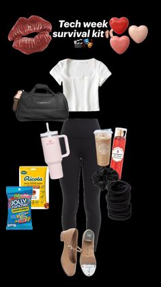 the contents of a woman's outfit including lipstick, shoes and coffee