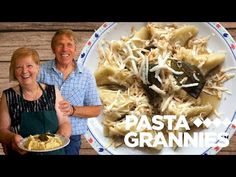 a man and woman standing next to a plate of food on a wooden table with the caption pasta cranies