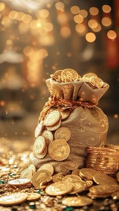 a bag full of gold coins sitting on top of a pile of other golden coins