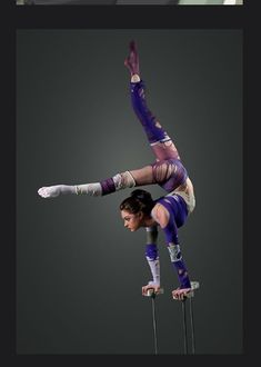 two pictures of a woman doing acrobatic tricks on the balance bars, one in purple and one in white