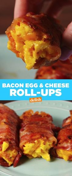 bacon egg and cheese roll - ups on a plate being held up by a hand