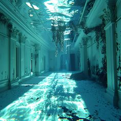 an underwater hallway with lots of plants growing on the ceiling