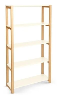 a white shelf with three shelves on each side and one is open to reveal the bottom section