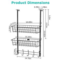 three tiered rack with two hooks and one hanging basket on each side, measurements