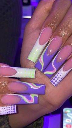 Green And Purple Acrylic Nails, Square Acrylic Nails Colorful, Boujee Nails Designs Black, A Rylic Nails, Birthday Nail Set Ideas Taurus, Spring Long Acrylic Nails, Summer Long Nail Ideas, Extra Nails Designs, Swirl Design Nails