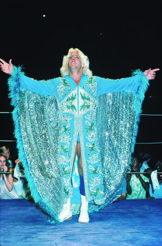 a man in a blue costume standing on top of a wrestling ring