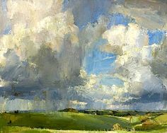 an oil painting of clouds over a green field