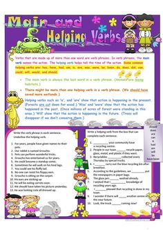 a poster with words and pictures on it that says main and 2 helping verbs