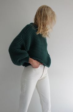 Statement Sweater, Balloon Sleeve Sweater, Green Onyx, Sweater Making, Sweater Sleeves, Pima Cotton, Wrap Skirt, Round Collar, Sleeve Sweater