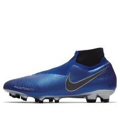 the nike vapor soccer shoe is shown in blue and black, with silver accents on the upper