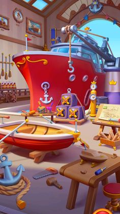 a room filled with lots of different types of toys and items on the floor in front of a red boat