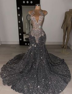 Prom Dress Inspiration 2024, Silver Dresses Prom, Blinged Out Prom Dresses, Silver Prom Looks, Sliver Prom Dresses Black Women, Silver And Black Prom Dress, Red And Silver Prom Dress, Black People Prom Dresses, Silver Prom Dress Sparkly