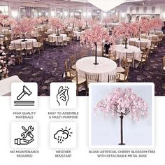 a large room with tables, chairs and flowers on the table are shown in this graphic