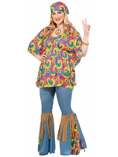 Head to the party wearing the Hippie Chick Plus Costume for Women and you'll instantly become a crowd favorite. Everybody loves a hippie. Happy, peaceful, at one with the world and nature, what's not to love? With this set, you will receive a fun multi-colored rainbow swirl blouse with a pair of faux denim pants adorned with brown fringe dangling from the kneecap. Pair this costume with some peace sign necklaces and hippie accessories from our site and you'll have the time of your life. Forest Steampunk, Nerd Costumes, 70s Mode, 50s Costume, Plus Size Hippie, Costume Bra, 70s Costume, Vampire Costumes, Electric Daisy