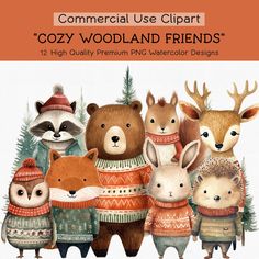 a group of animals wearing sweaters and hats with the words cozy woodland friends on them