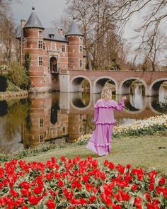 a woman in a pink dress is standing by the water and looking at red flowers