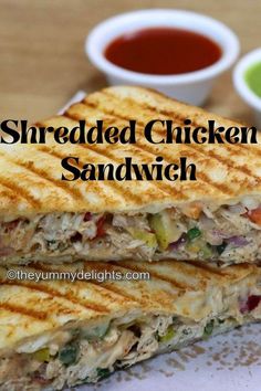 Close-up of shredded chicken sandwich stacked on the board. Chicken Sandwich Filling, Chicken Mayonnaise, Shredded Chicken Sandwiches, Grilled Sandwich Recipe, Chicken Breast Sandwich, Easy Breakfast Sandwich, Chicken Sandwich Recipe, Pan Chicken Recipes, Healthy Sandwich Recipes