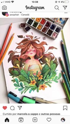 an instagram page with a drawing of a girl surrounded by flowers and leaves on it