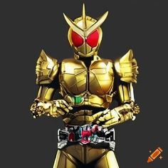 a gold robot with red eyes standing in front of a black background