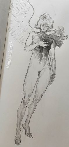 a pencil drawing of a naked woman with wings on her back, holding an object