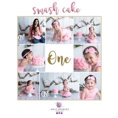 a collage of photos with the words smash cake on it and images of two babies in pink outfits