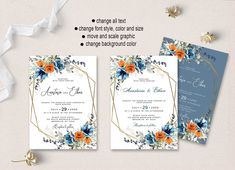 two wedding cards with blue and orange flowers