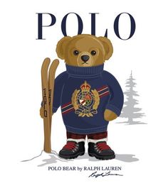 a teddy bear wearing a sweater and skis with the word polo written on it