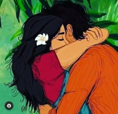 two people hugging each other in front of green plants and flowers with the words i love you written on it