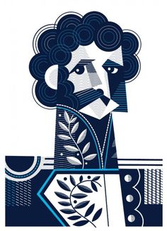 a man with curly hair and an abstract pattern on his face is depicted in this stylized illustration