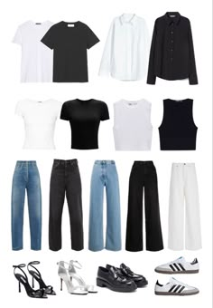 basiscs, capsule wardrobe, ideas Black And White Minimalist Outfit, Capsule Wardrobe Bottoms, Capsule Wardrobe Black White Grey, Black Casual Outfits Women, Black And White Capsule Wardrobe, College Capsule Wardrobe, Uni Wardrobe, Street Style Summer Casual, Black Capsule Wardrobe