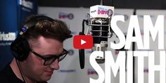 a man wearing headphones in front of a microphone with the words sam smith on it