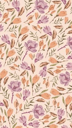 an abstract floral pattern with pink and purple flowers on a beige background, watercolor