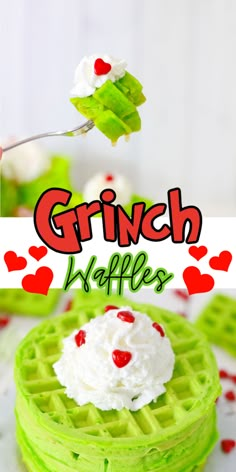 green waffles topped with whipped cream and cherries