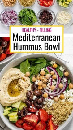 healthy and filling mediterraneanan hummus bowl with text overlay