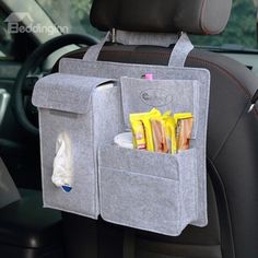 the back seat pocket is filled with snacks and other things to use as storage for cars