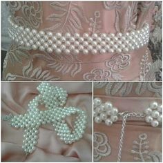 three different pictures of pearls and beads on a pink dress with white trimmings