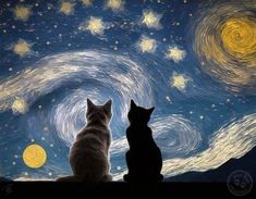 two cats sitting in front of a painting with stars and the sky painted on it