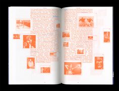 an open book with pictures of people in orange and white on the page is shown