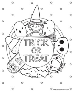 trick or treat coloring page with witches and pumpkins in the center, surrounded by stars