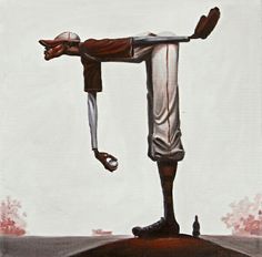 a painting of a baseball player with his foot on the ground and arms stretched out