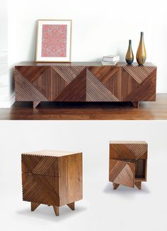 the sideboard is made out of wood and has geometric designs on it, as well as vases