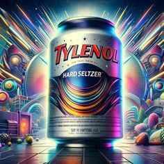 a can of tylenol beer sitting on top of a floor next to speakers