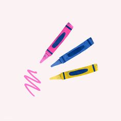 three pens and one eraser laying on top of each other