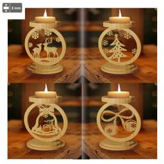 three pictures of candles with christmas decorations in them and the candle is lit up to look like an ornament