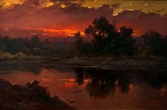 a painting of a sunset with clouds and trees in the foreground, over water