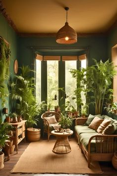 a living room filled with lots of green plants