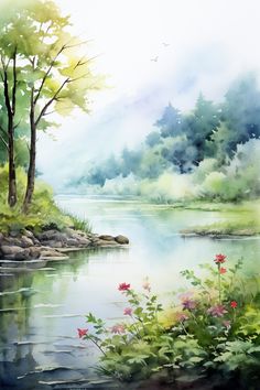 a painting of water and trees in the background